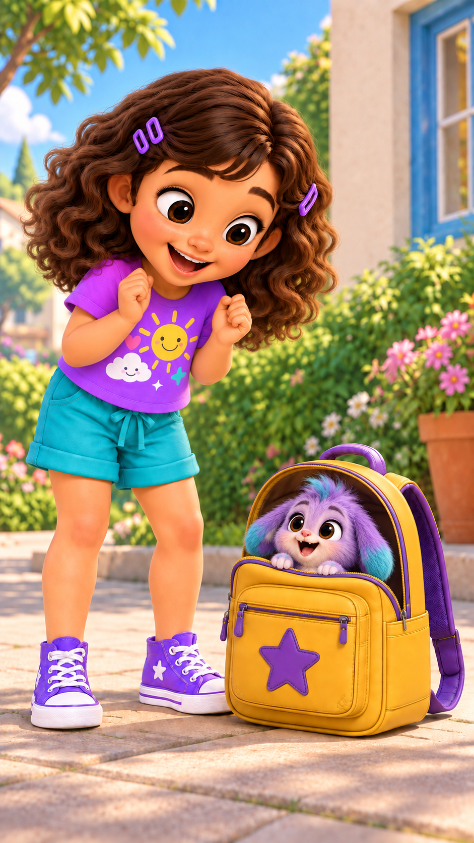 Pip popping out of Seya's bright yellow backpack
